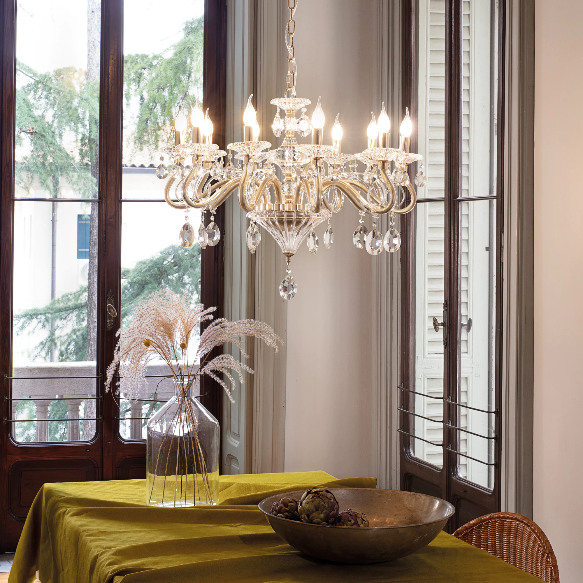 Lámpara clásica de araña de vidrio soplado y cristal tallado Negresco SP10 oro | Ideal Lux