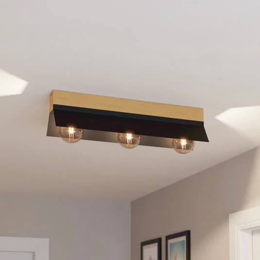 Lámpara de techo Tarrafo negro, madera Natur, 3 luces