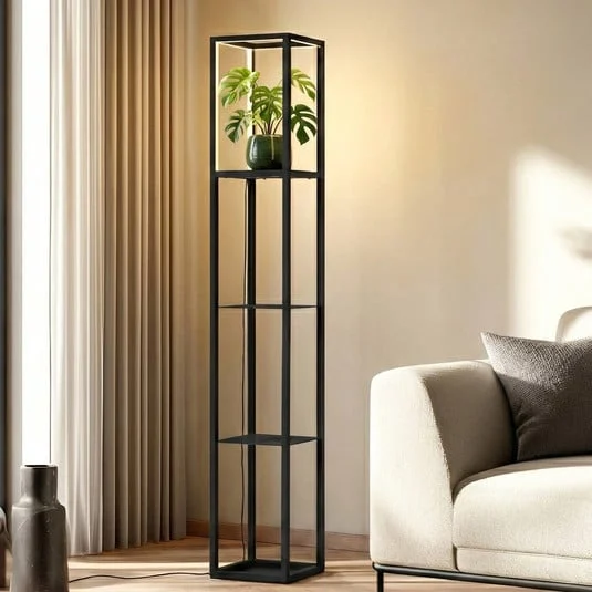 Lindby Lámpara de pie LED Birta, estantería, 155 cm, negro, metal