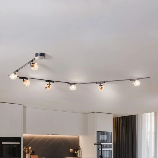 Sistema de riel Lumaro, focos, 7 luces, dorado, Ø8cm,48V,atenuable