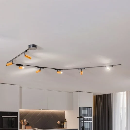 Sistema de riel Lumaro, focos, 7 luces, dorado, Ø4cm,48V,atenuable