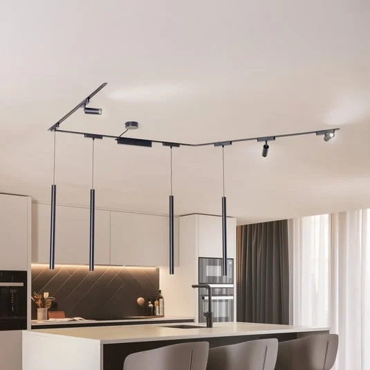 Sistema de riel Lumaro,focos,colgante,7 luces,negro,48V,atenuador