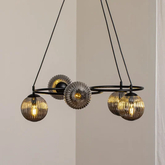 Lámpara de salón Libra, gris humo/negro, Ø 70 cm, 5 luces.