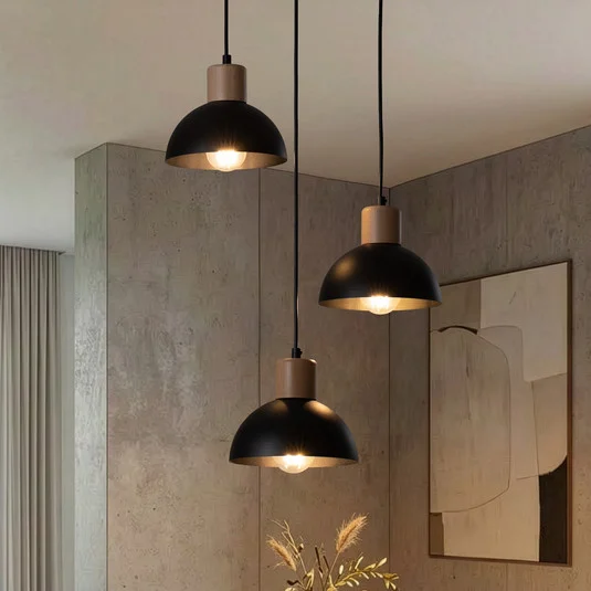 Lámpara colgante Seco, Ø 30 cm, negra, metal/madera, 3 luces.