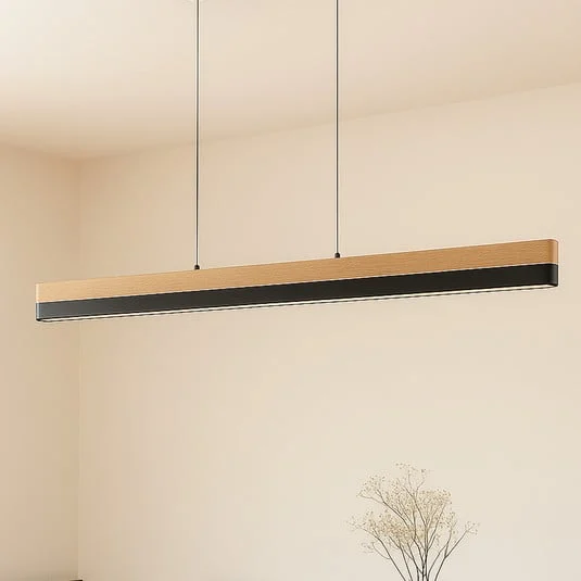 Lámpara colgante LED Lucande Holven, madera, CCT, longitud 113 cm