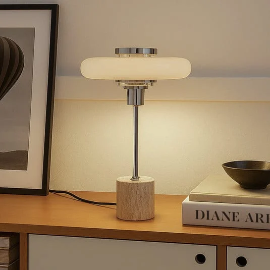 Lámpara de mesa Lindby Branford, retro, beige, metal/travertino