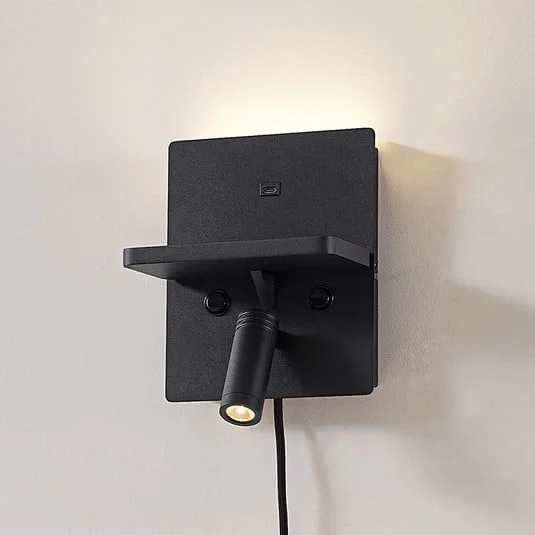 Aplique de pared LED Lindby Auden, negro, enchufe, estación de carga