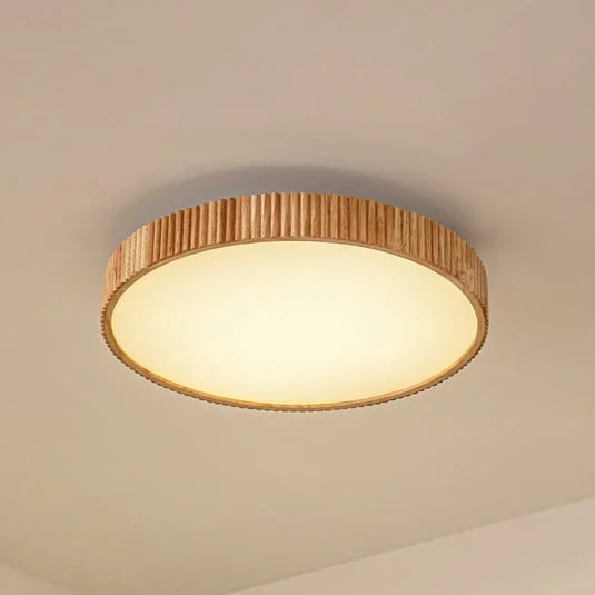 plafón LED Velua de Lindby, blanco/madera clara, CCT, Ø 50 cm