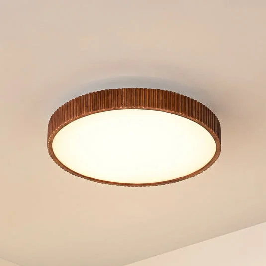 lámpara LED de techo Velua de Lindby, blanco/madera oscura, CCT, Ø 50 cm