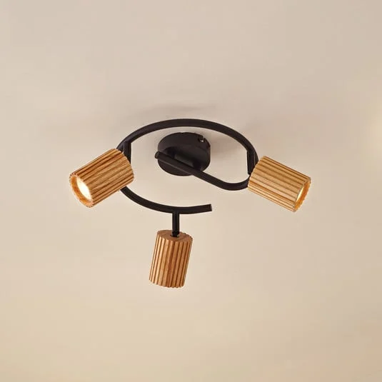 Downlight Lindby Stralino, 3 luces, Ø31 cm, madera, GU10
