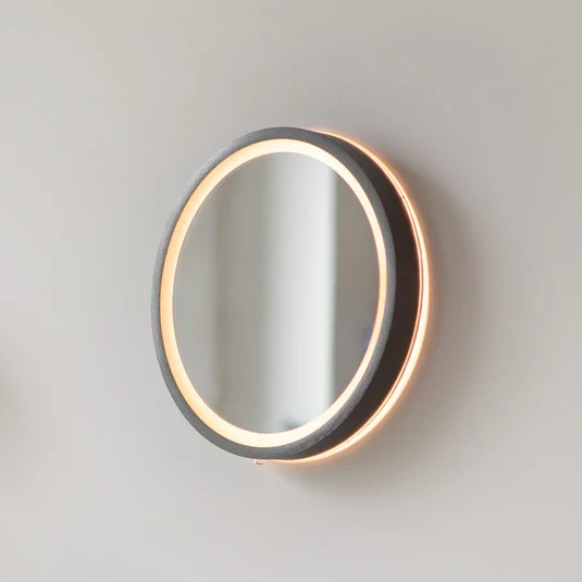 Espejo LED de pared VIDRO, gris, Ø 26 cm, batería externa, interruptor