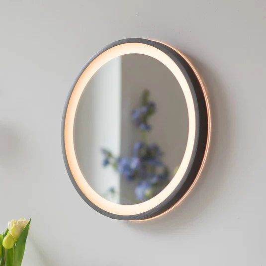 Espejo LED de pared VIDRO, gris, Ø 36 cm, batería externa, interruptor