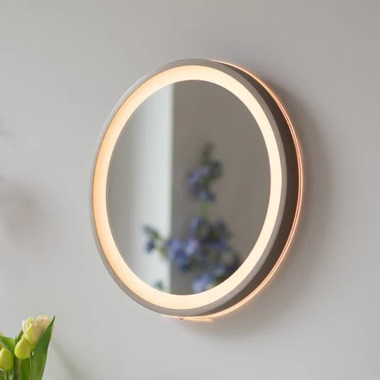 Espejo LED de pared VIDRO, bronce, Ø 36 cm, batería externa, interruptor