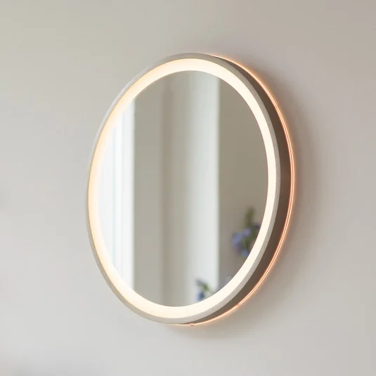 Espejo LED de pared VIDRO, bronce, Ø 46 cm, batería externa, interruptor
