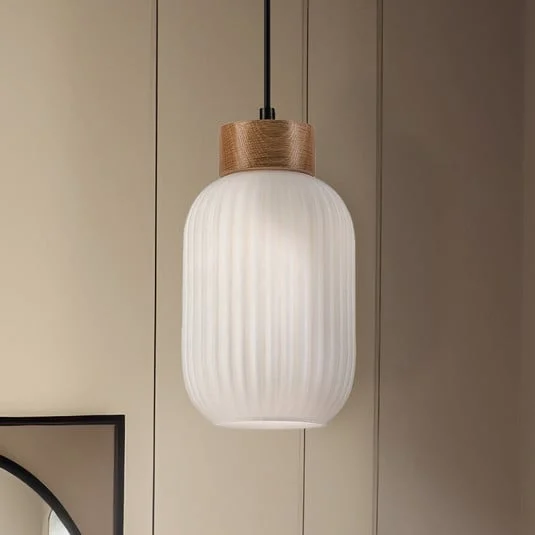 Lámpara colgante Harmony, Ø 14 cm, blanco/roble, cristal/madera