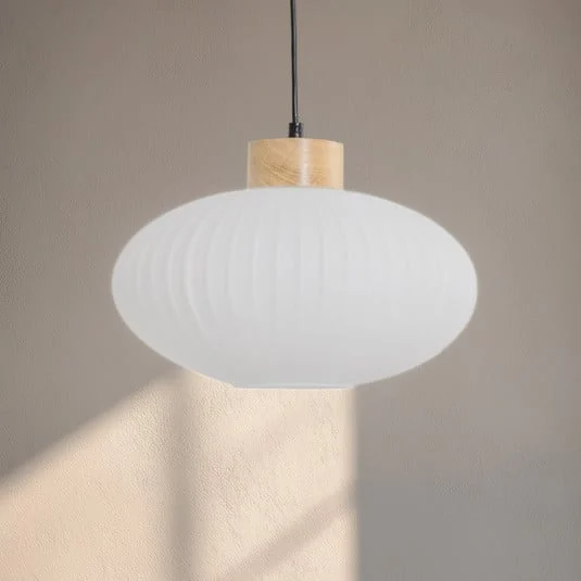 Lámpara colgante Harmony, Ø 25 cm, blanco/roble, cristal/madera