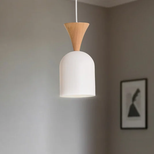 Lámpara colgante Nolan, Ø 11 cm, blanco/roble, metal/madera