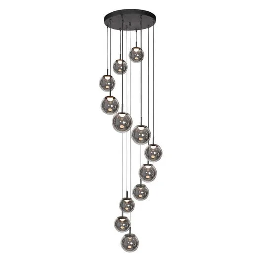 Lámpara colgante LED Bollique, 12 luces. redonda, negra, cristal