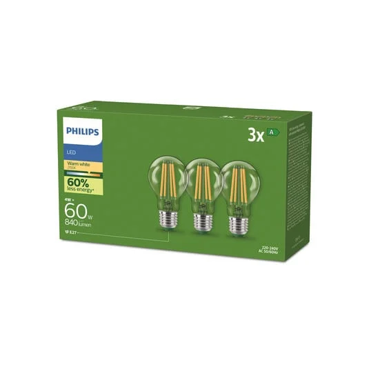 Philips E27 Bombilla LED A60 4W 840lm 2700K Filamento Pack de 3