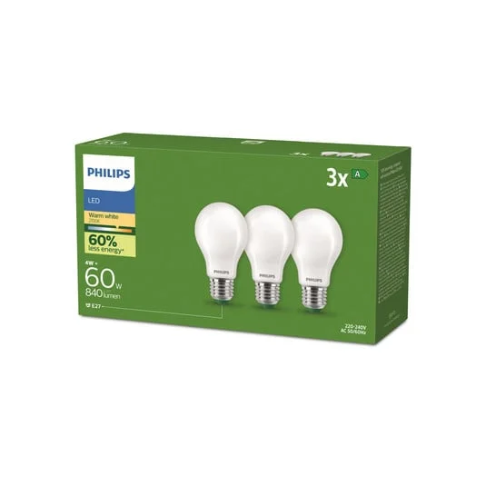 Philips E27 Bombilla LED A60 4W 840lm 2700K mate, paquete de 3