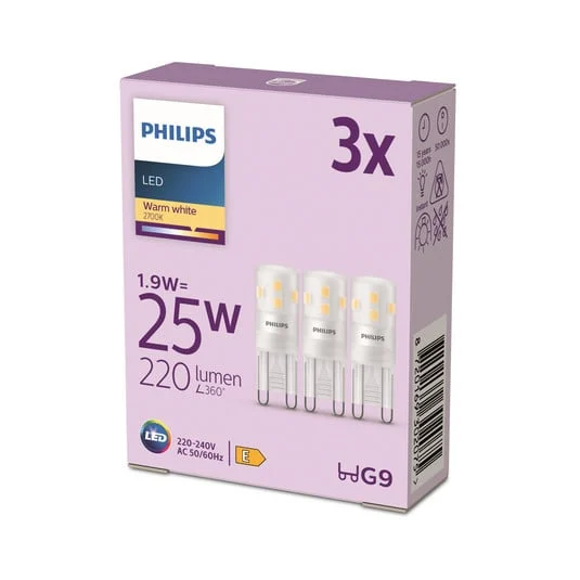 Philips bombilla LED bi-pin G9 1,9 W 220 lm 2700 K mate, paquete de 3