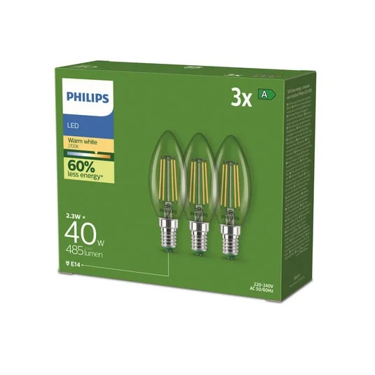 Bombilla LED Philips E14 B35 2,3 W 485 lm 2700 K filamento, paquete de 3