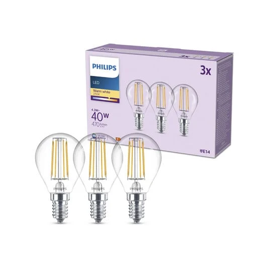 Bombilla LED Philips E14 P45 4,3 W 470 lm 2700 K filamento, paquete de 3