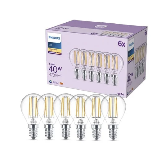 Philips Bombilla LED E14 P45 4,3 W 470 lm 2700 K filamento, paquete de 6