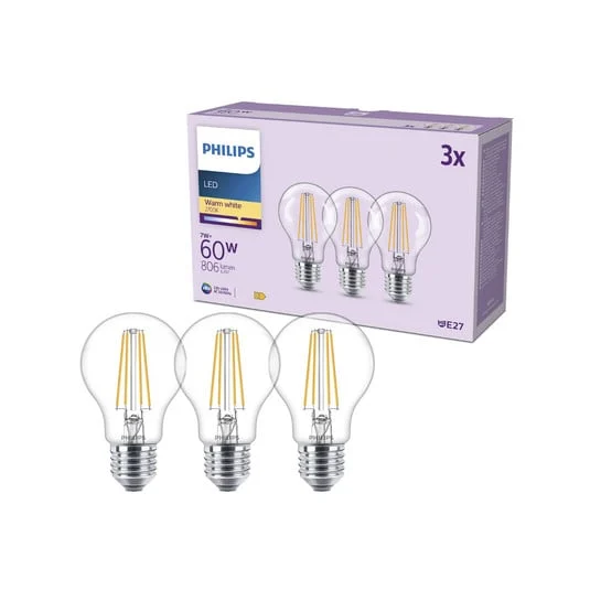 Bombilla LED Philips E27 A60 7W 806lm 2700K filamento, paquete de 3