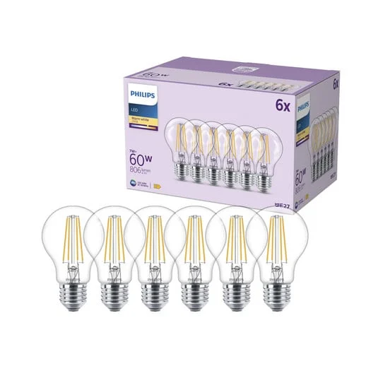 Bombilla LED Philips E27 A60 7W 806lm 2700K filamento, paquete de 6