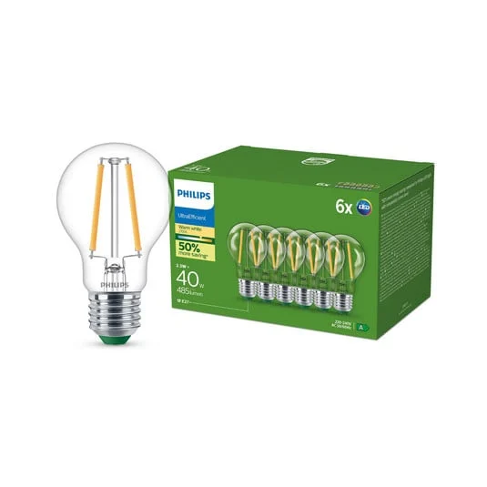 Bombilla LED Philips E27 A60 2,3 W 485 lm 2700 K filamento, paquete de 6