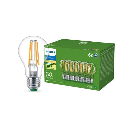 Philips E27 Bombilla LED A60 4W 840lm 2700K Filamento Paquete de 6