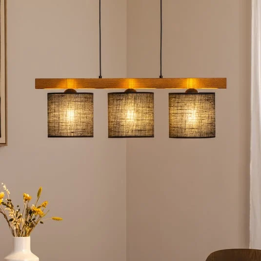 Lámpara colgante Forest, madera clara/negra, yute negro, 3 luces.