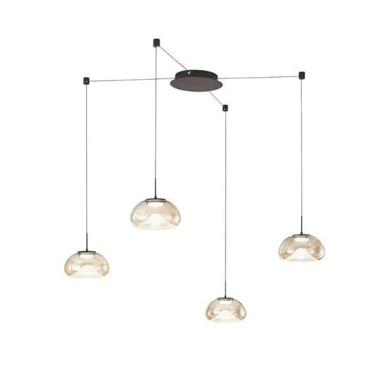 Lámpara colgante LED Brena, 4 luces, coñac, cristal, CCT, atenuable