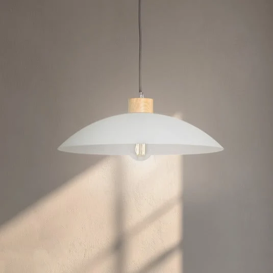 Lámpara colgante OHANA, cristal opalino, madera de roble, Ø 40 cm, E27