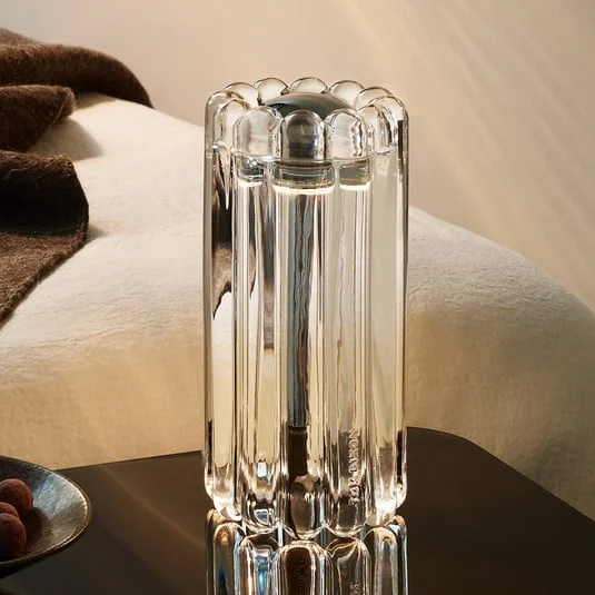 Tom Dixon Lámpara de mesa LED Press, transparente, cristal, 24 cm, 927 atenuable