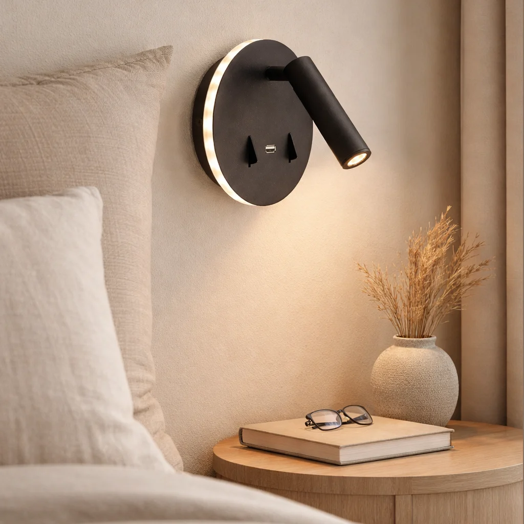 Aplique negro moderno, Alec, 9W, 3000K LED, con interruptor