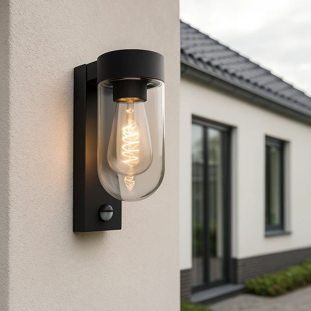 Aplique exterior con sensor de movimiento negro de aluminio, Bella, IP44