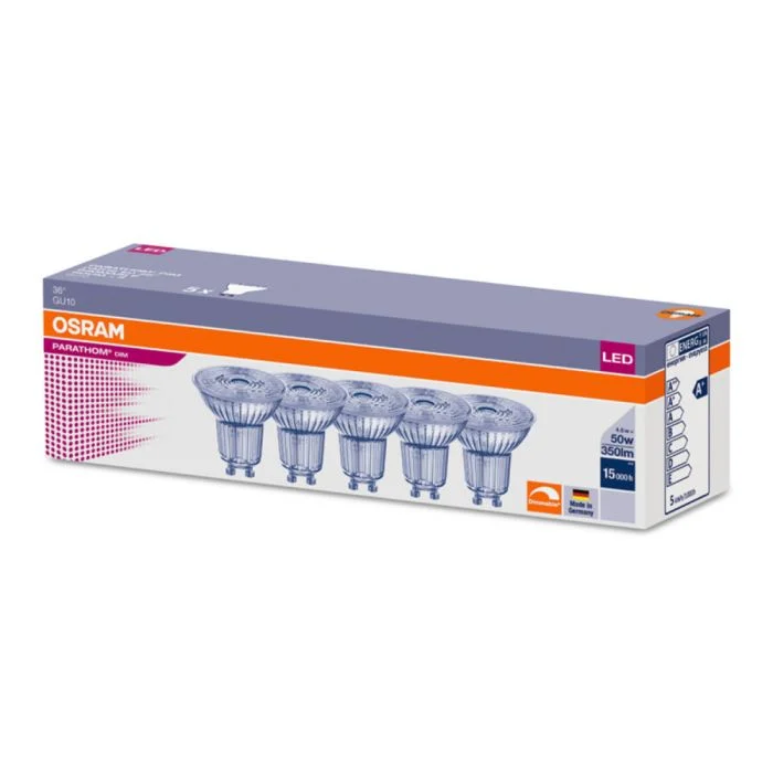 5x Osram Parathom Retrofit GU10 PAR16 5.9W 930 36D | Luz Cálida - Mejor reproducción de color - Regulable - Reemplazo 50W