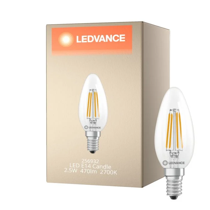 Ledvance Classic LED E14 Vela Con Filamento Clara 2.5W 470lm - 827 Luz Muy Cálida | Regulable - Reemplazo 40W
