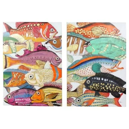 2er-Set Gemälde Fische Colorful Fishes, handgemalt, Acryl auf Leinwand