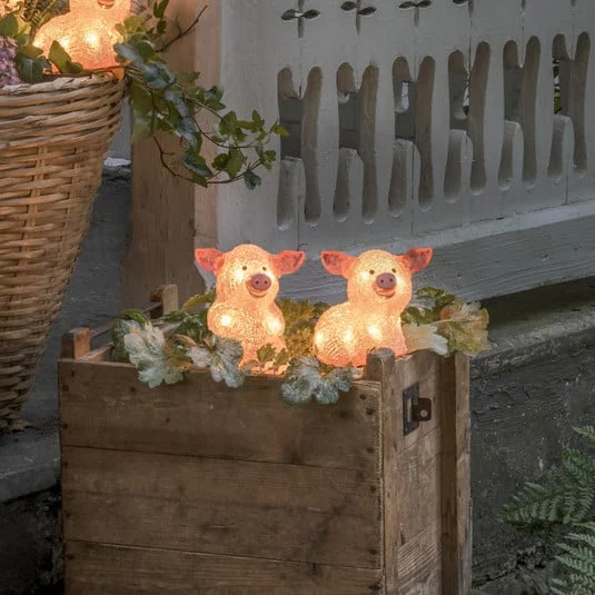 Figurita luminosa LED cerdo, set de 5 en cadena, rosa