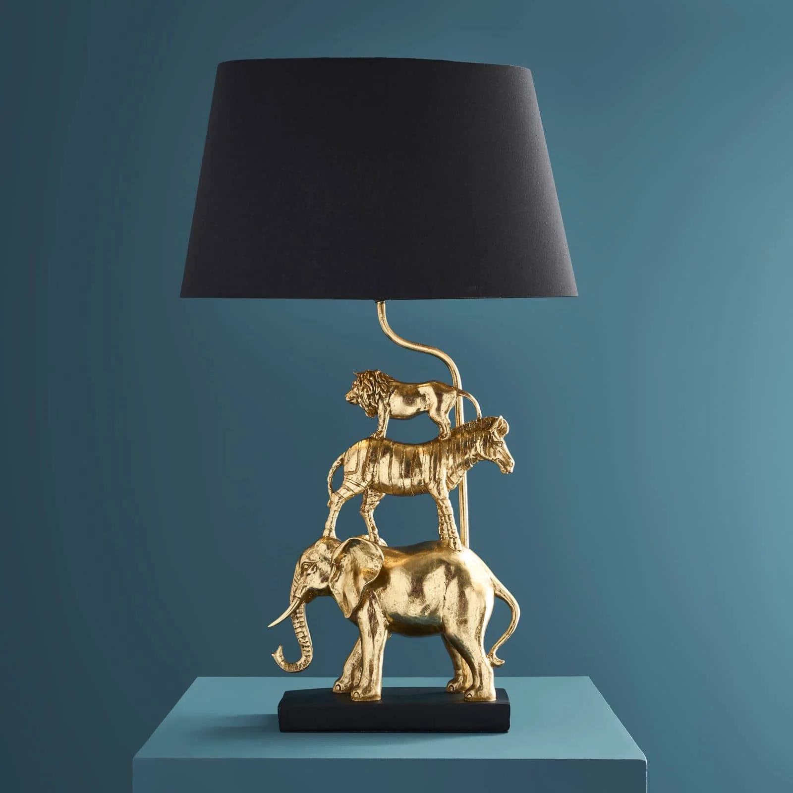 Tischleuchte Safari m. Löwe, Zebra, Elefant, gold