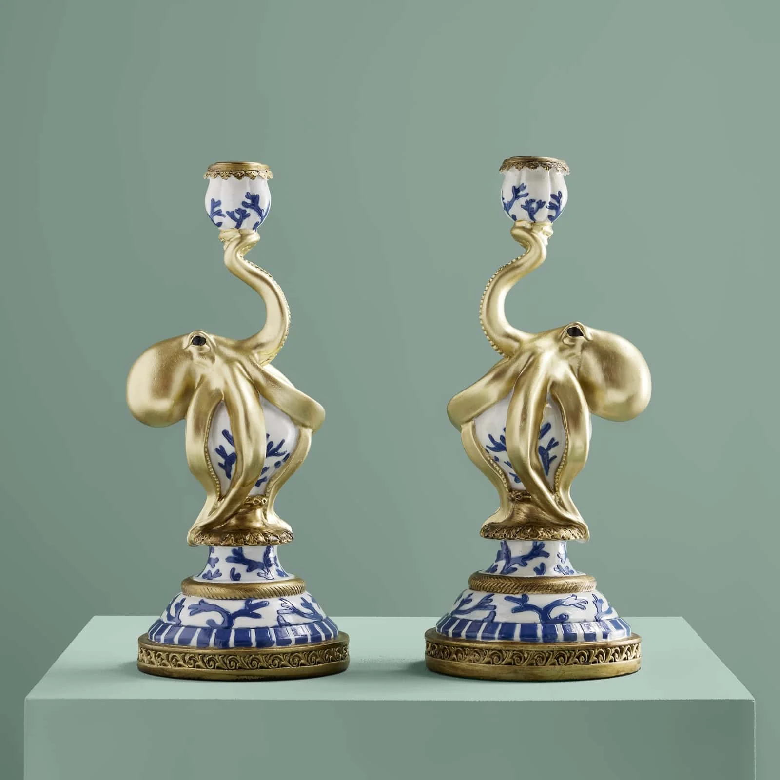 2er Set Kerzenhalter Otto Octopus, blau-weiß-gold