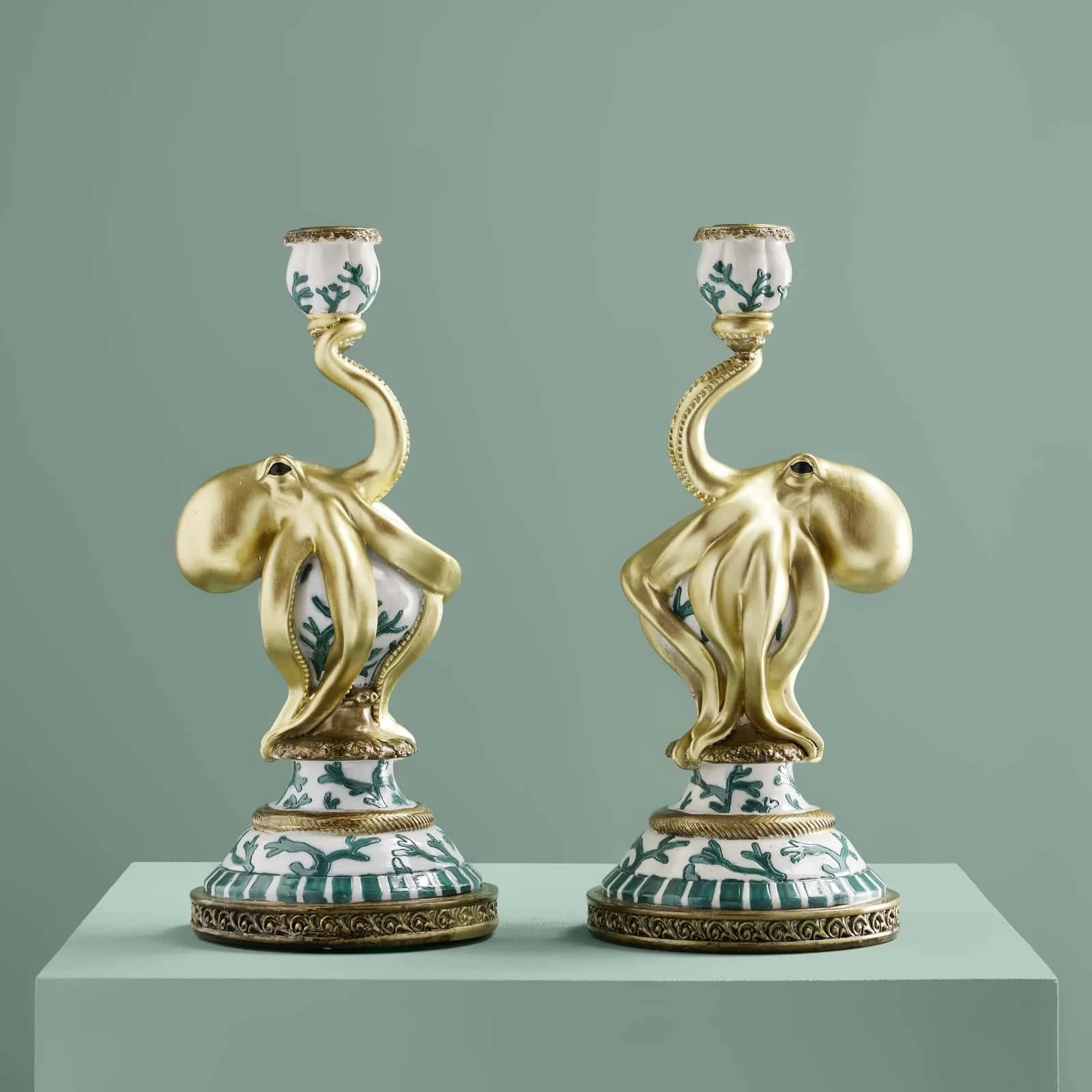 2er Set Kerzenhalter Otto Octopus, türkis-weiß-gold