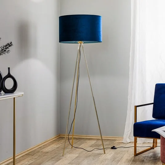 Lámpara de pie Monaco, trípode dorado, terciopelo azul
