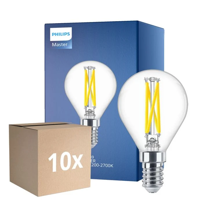 Multipack 10x Philips MASTER LED E14 Esférica Con Filamento Clara 2.5W 340lm - 922-927 Dim To Warm | Mejor Reproducción De Color - Regulable - Reemplazo 25W