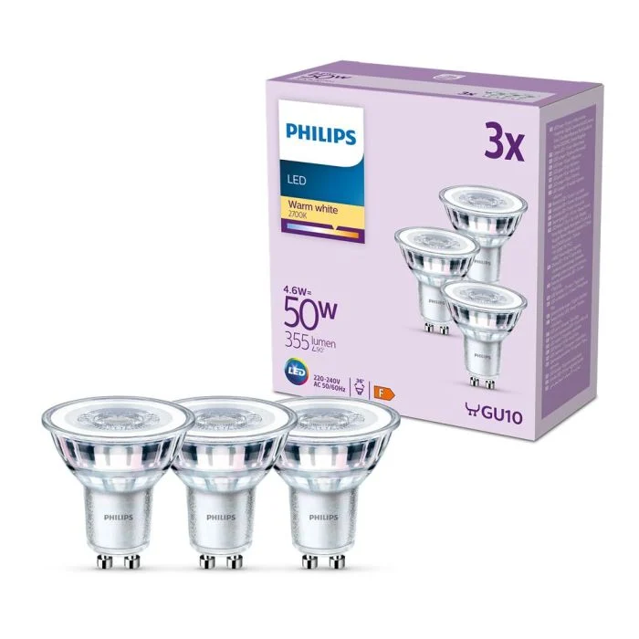 Multipack 3x Philips Foco LED GU10 PAR16 5W 355lm 36D - 827 Luz Muy Cálida