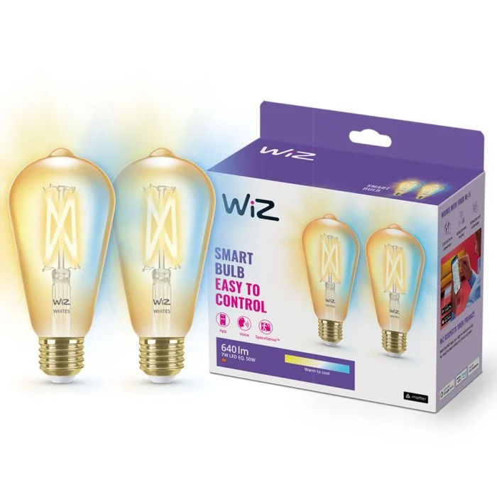Paquete dúo 2x WiZ Smart LED E27 Edison Con Filamento Oro 7W 640lm | Mejor Reproducción De Color - Regulable - Reemplazo 50W