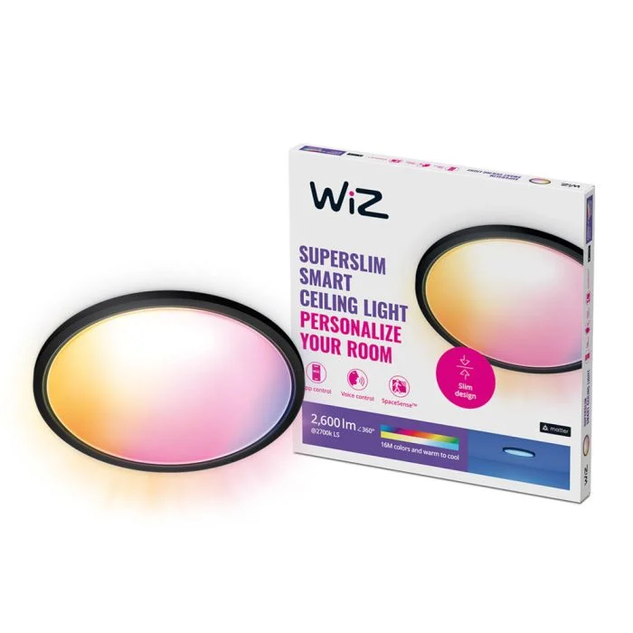 WiZ Smart LED Luz de techo SuperSlim Negro 22W 2600lm - 922-950 Ajustable Blanco + RGB | IP20 - Mejor Reproducción De Color - Wifi Regulable